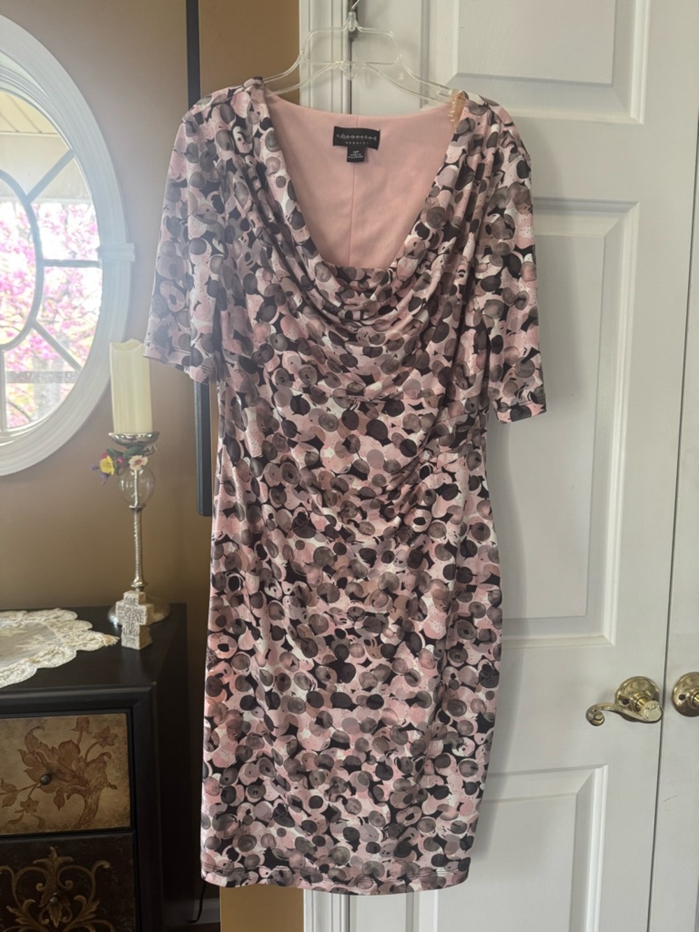 connected apparel Pink and Black Cowl-Neck Midi Dress with Dot Pattern